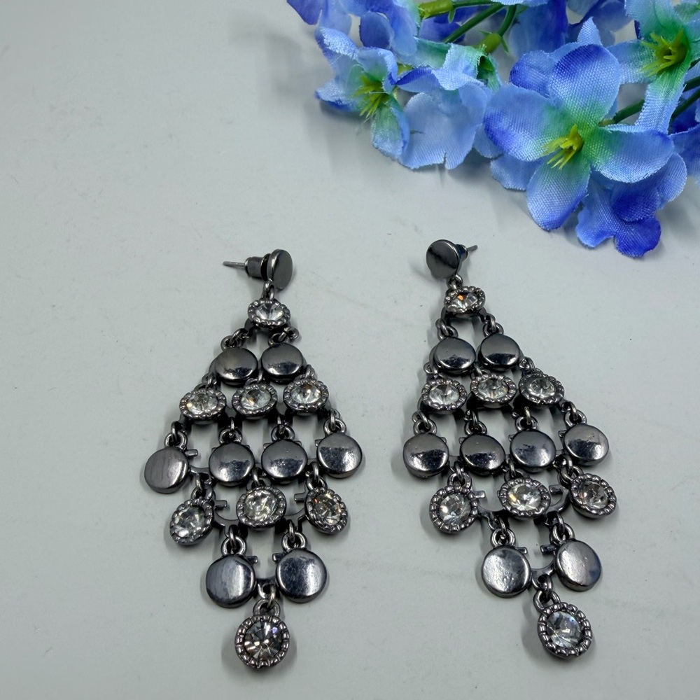 Genuine Grey Crystal Chandelier Style Vintage Dangle Earrings - Gunmetal